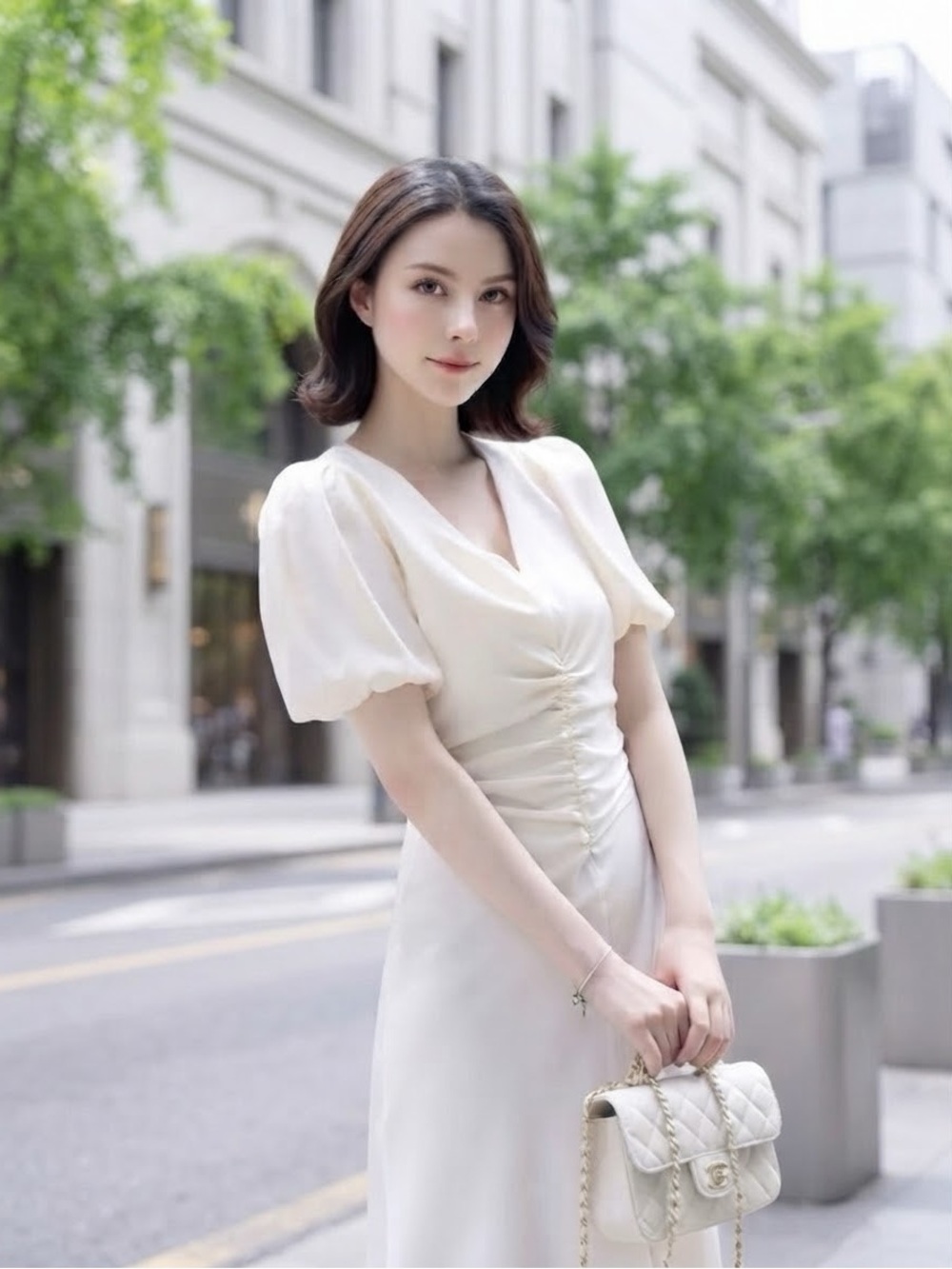 Silky French Ivory V-Neck Puff Sleeve Midi Dress Size M